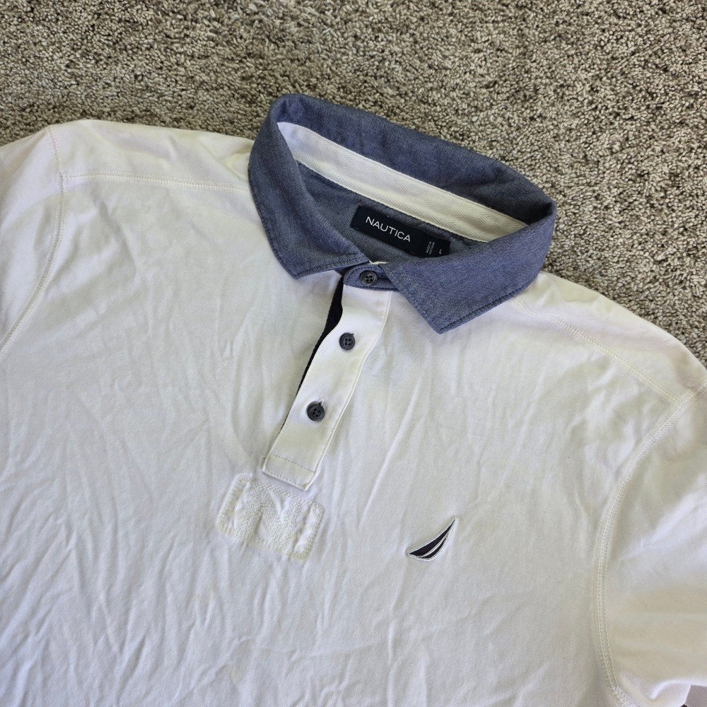 Nautica Polo Shirt Mens Large White Cotton Short Sleeve Chambray Collar N-83